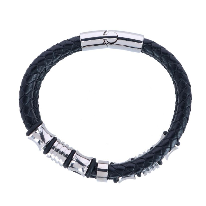 Loose Fit Silver and Leather 2 Band Secure Clasp Leather Bracelet