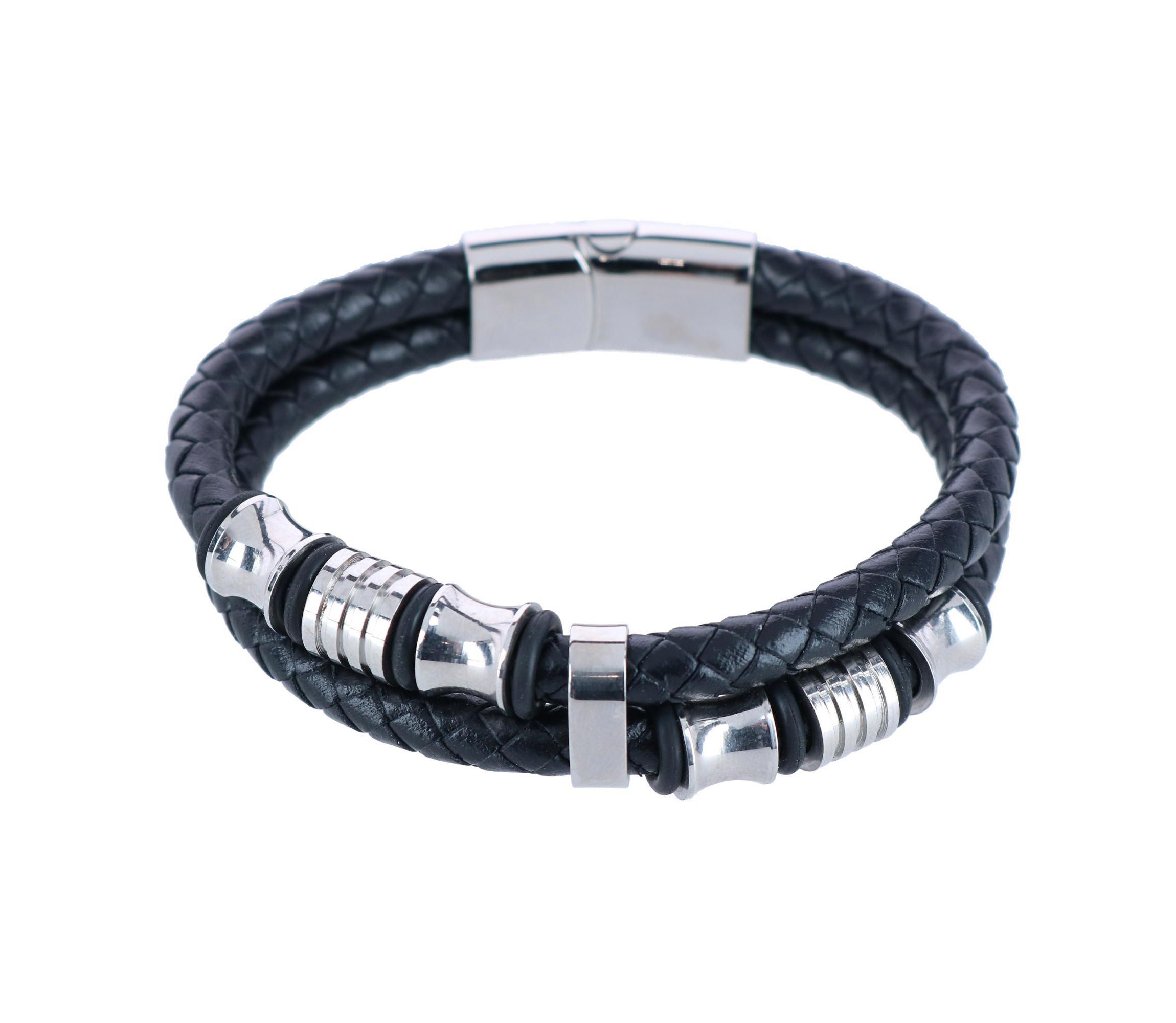 Silver and Leather Double Band Secure Clasp Bracelet