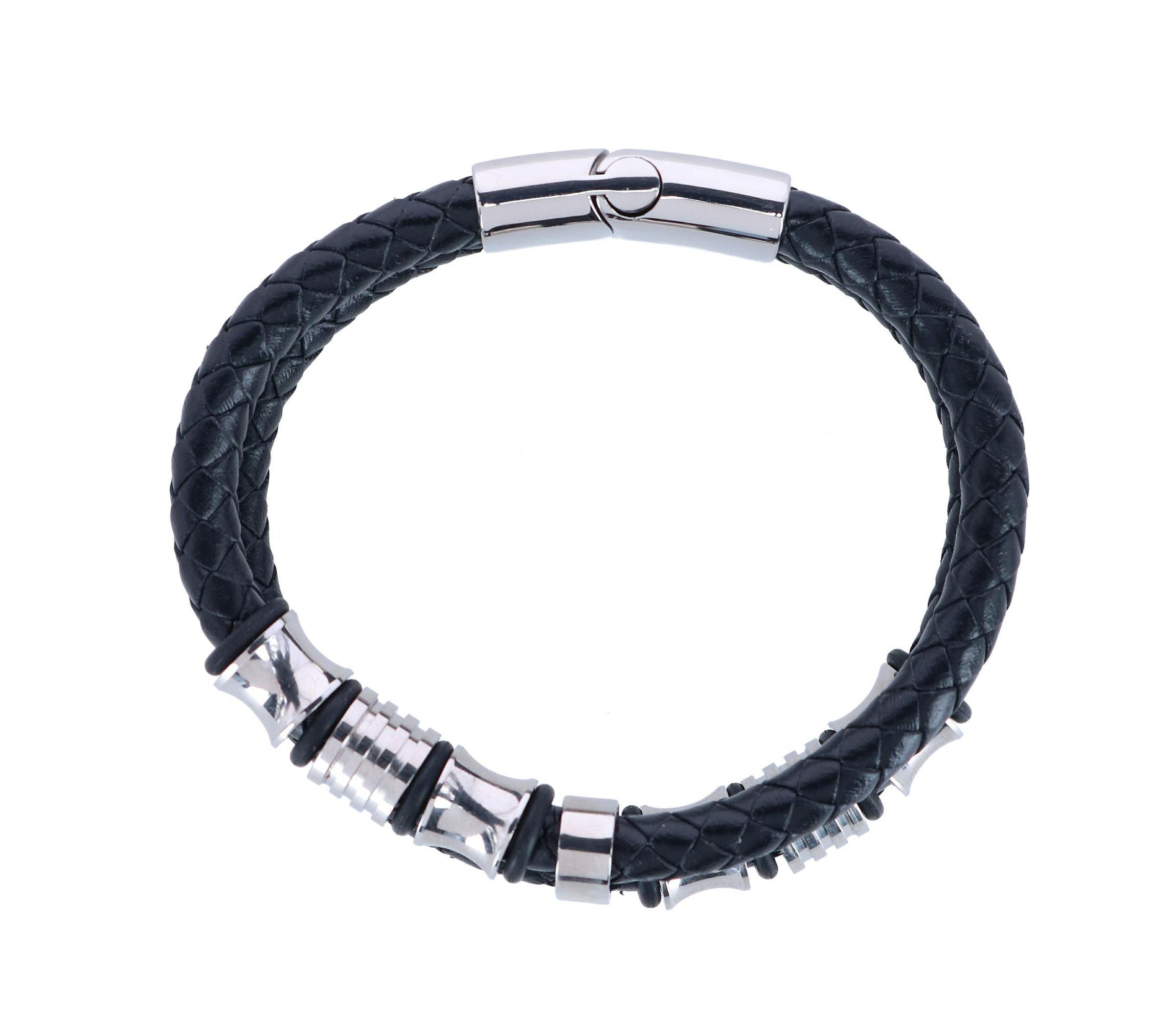 Silver and Leather Double Band Secure Clasp Bracelet