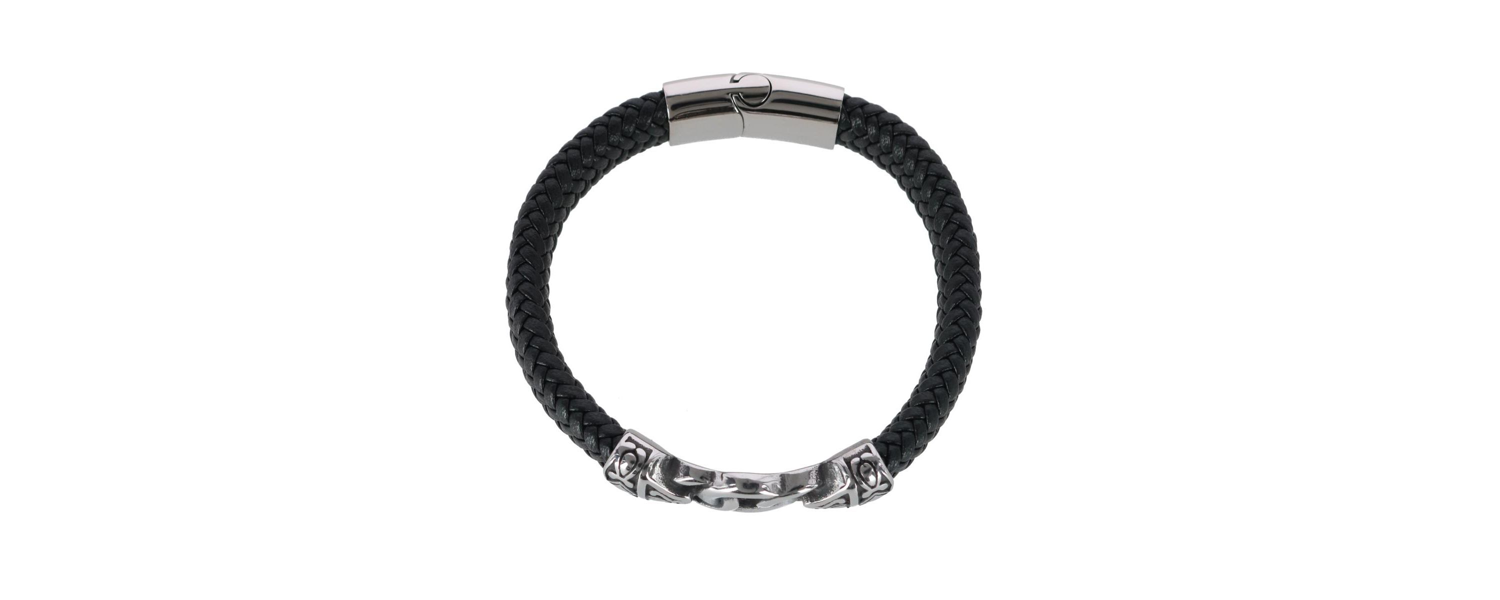 Loose Fit Silver Interlock Pattern on Black Leather Bracelet