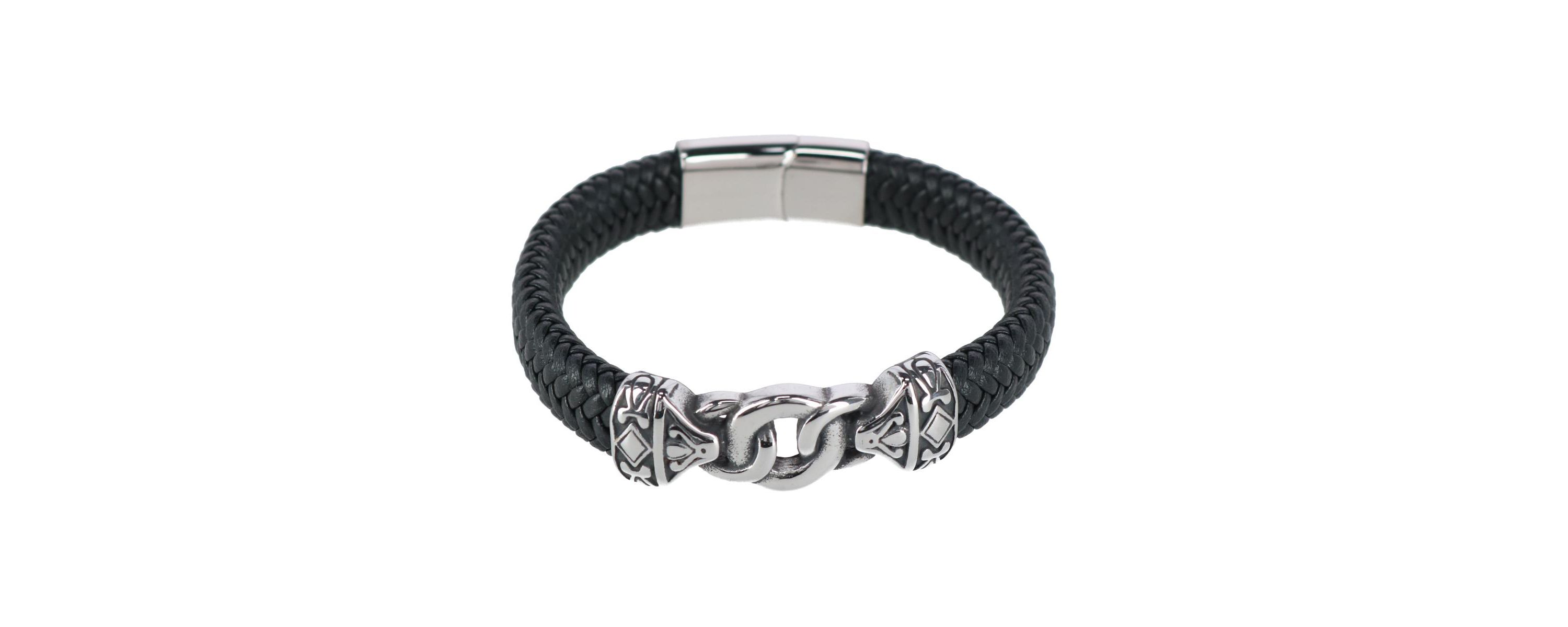 Silver Interlock Pattern on Black Leather Bracelet