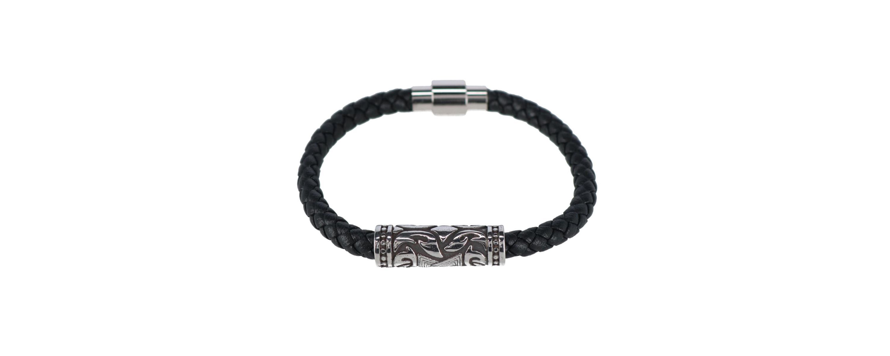 Silver Filigree Pattern on Black Leather Bracelet