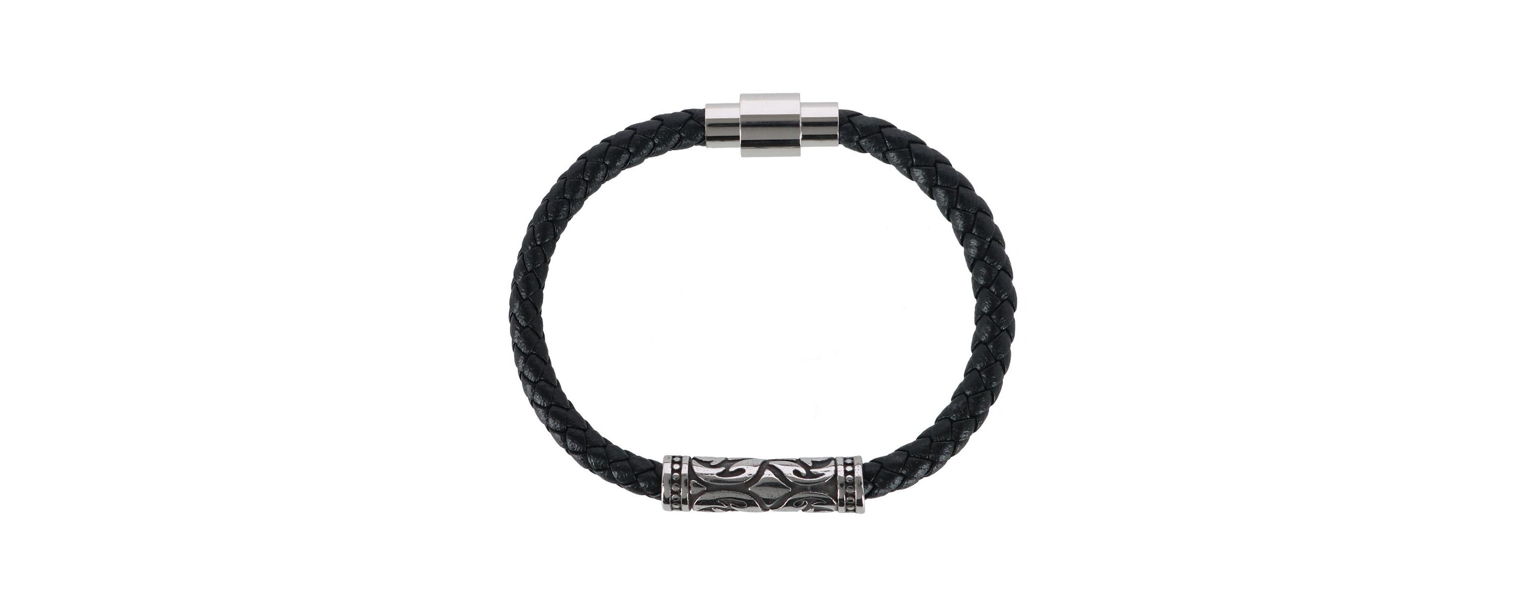 Silver Filigree Pattern on Black Leather Bracelet