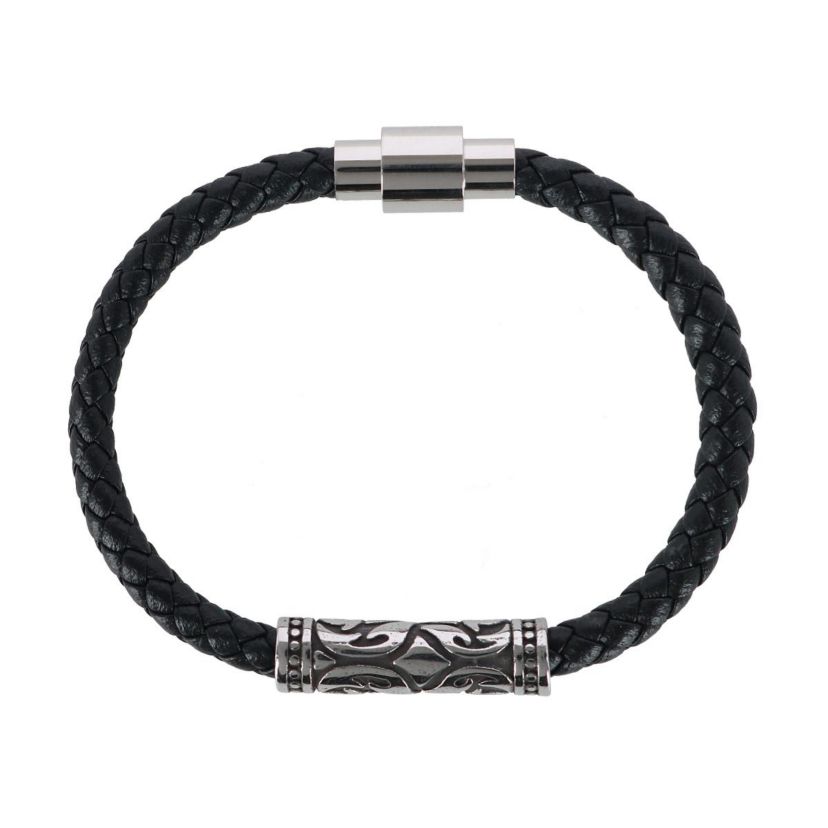 Silver Filigree Pattern on Black Leather Bracelet