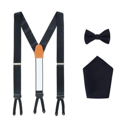 Trafalgar Men's Sutton Solid Color Silk Brace Bow Tie & Pocket Square Combo, Black