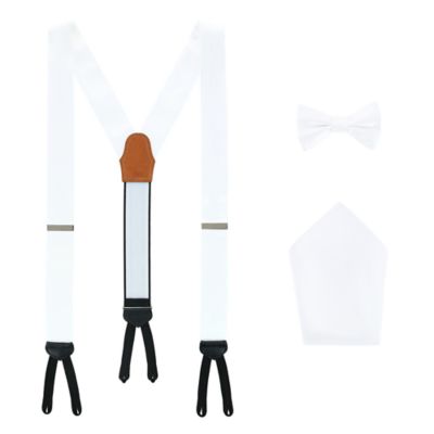 Trafalgar Men's Sutton Solid Color Silk Brace Bow Tie & Pocket Square Combo, White