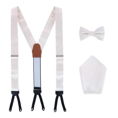 Trafalgar Men's Sutton Solid Color Silk Brace Bow Tie & Pocket Square Combo, Ivory