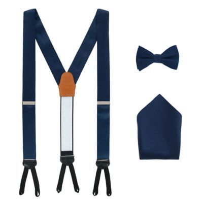 Trafalgar Men's Sutton Solid Color Silk Brace Bow Tie & Pocket Square Combo, Navy Blue