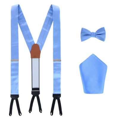 Trafalgar Men's Sutton Solid Color Silk Brace Bow Tie & Pocket Square Combo, Light Blue