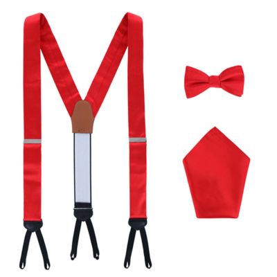 Trafalgar Men's Sutton Solid Color Silk Brace Bow Tie & Pocket Square Combo, Red