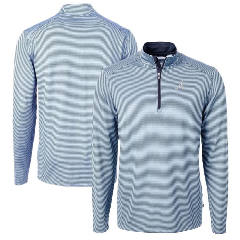 MLB Light Blue/Navy Atlanta Braves Virtue Eco Pique Micro Stripe Recycled Quarter-Zip Pullover Top