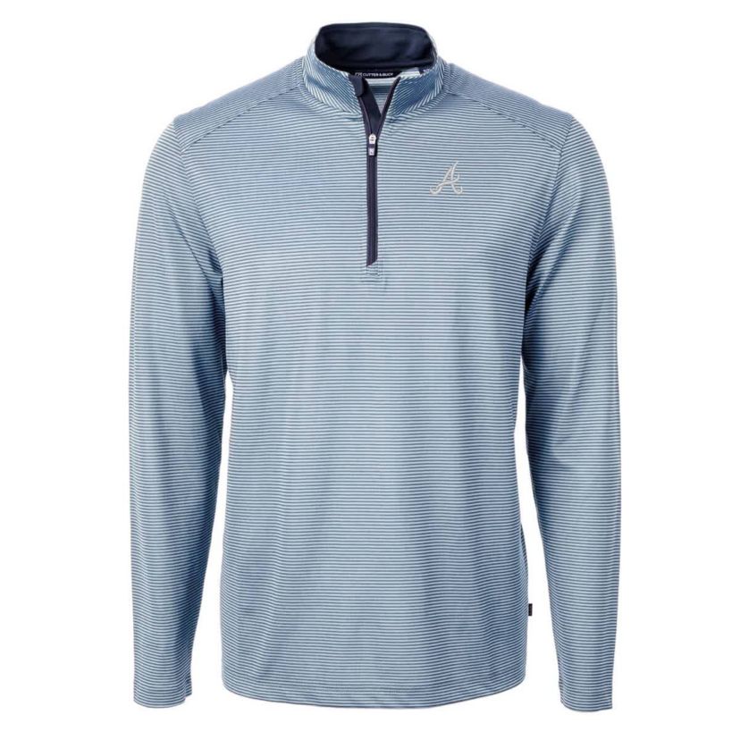MLB Light Blue/Navy Atlanta Braves Virtue Eco Pique Micro Stripe Recycled Quarter-Zip Pullover Top