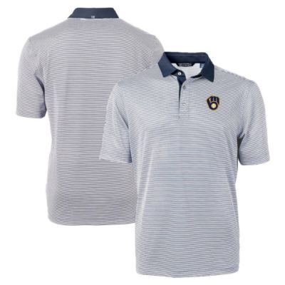 Cutter & Buck Men's MLB Milwaukee Brewers Virtue Eco Pique Micro Stripe Recycled Polo, Navy Blue, 3XL