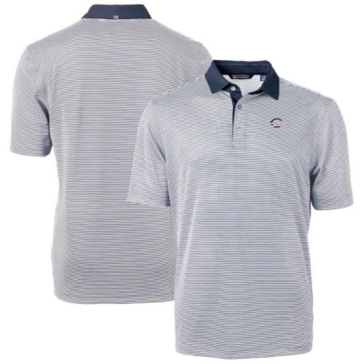 Cutter & Buck Men's MLB Cincinnati Reds Americana Logo Virtue Eco Pique Stripe Recycled Polo, Navy Blue, Small