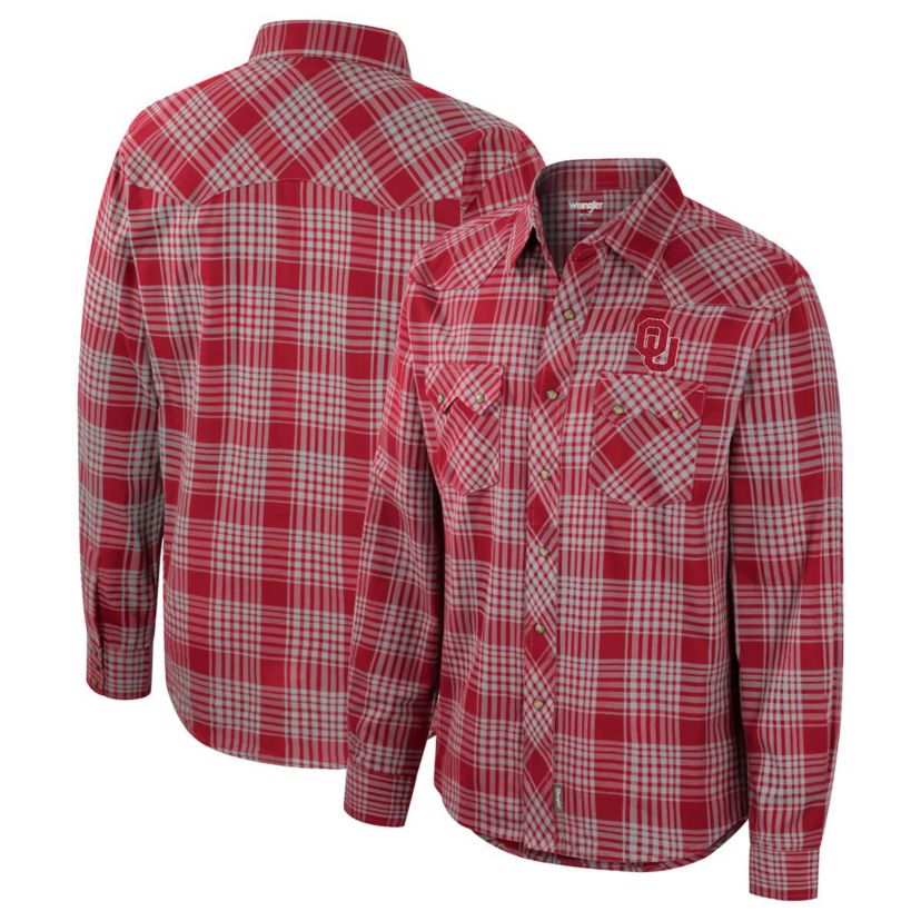 NCAA x Wrangler Oklahoma Sooners Plaid Western Long Sleeve Full-Snap Shirt