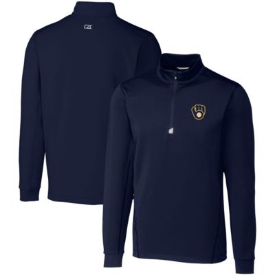 Cutter & Buck Men's MLB Milwaukee Brewers Big & Tall Traverse Stretch Quarter-Zip Pullover Top, Navy Blue, LT