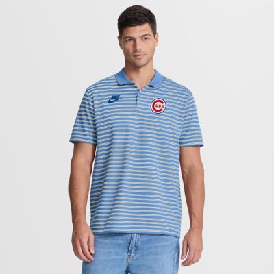 Men's MLB Nike Light Chicago Cubs Cooperstown Collection Dri-FIT Victory Striped Polo, Light Blue, 2XL