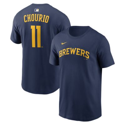Men's MLB Nike Jackson Chourio Milwaukee Brewers Name & Number T-Shirt, Navy Blue, 2XL