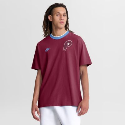 Men's MLB Nike Philadelphia Phillies Cooperstown Collection Ringer T-Shirt, Burgundy, 3XL