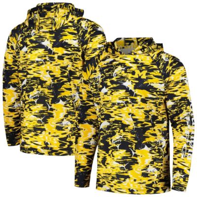 Columbia Men's NCAA Michigan Wolverines PFG Terminal Tackle Omni-Shade Rippled Long Sleeve Hooded T-Shirt, Navy Blue, Large