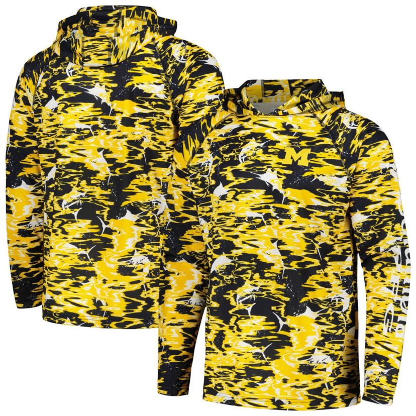 NCAA Michigan Wolverines PFG Terminal Tackle Omni-Shade Rippled Long Sleeve Hooded T-Shirt
