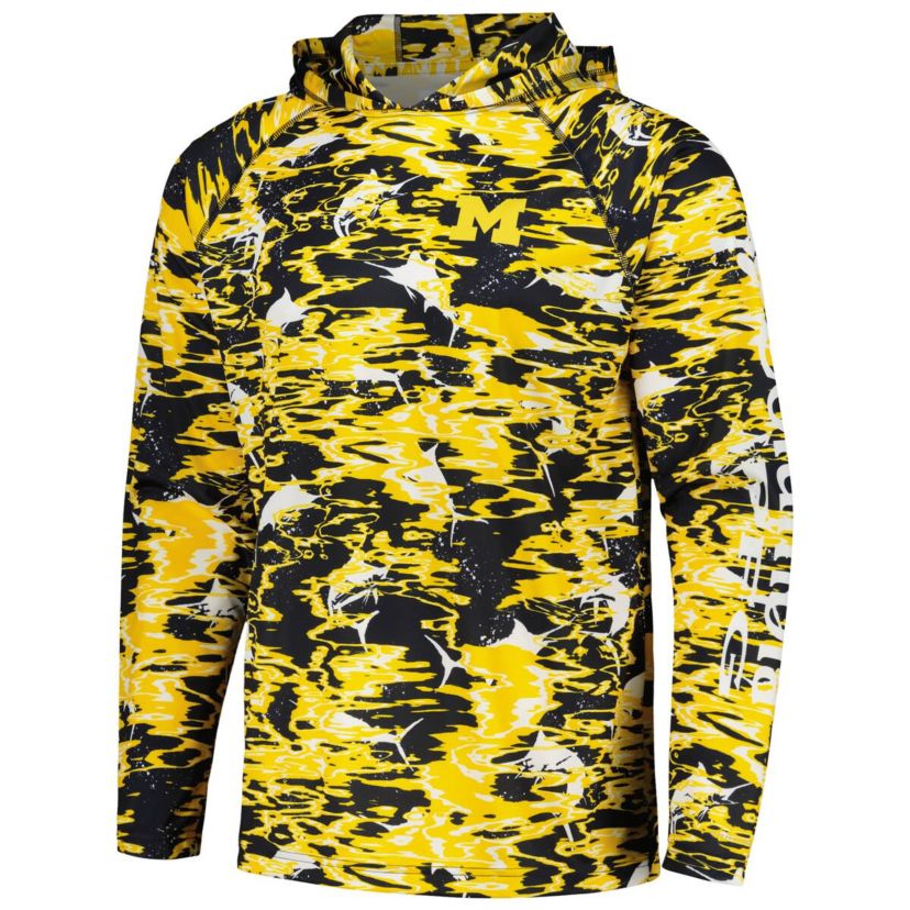 NCAA Michigan Wolverines PFG Terminal Tackle Omni-Shade Rippled Long Sleeve Hooded T-Shirt