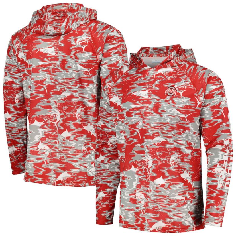 NCAA Ohio State Buckeyes PFG Terminal Tackle Omni-Shade Rippled Long Sleeve Hooded T-Shirt