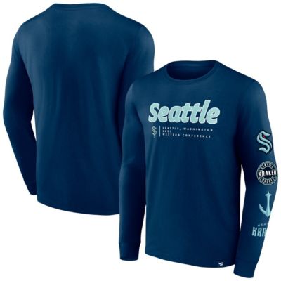 Men's NHL Fanatics Deep Sea Seattle Kraken Strike the Goal Long Sleeve T-Shirt, Navy Blue, Large