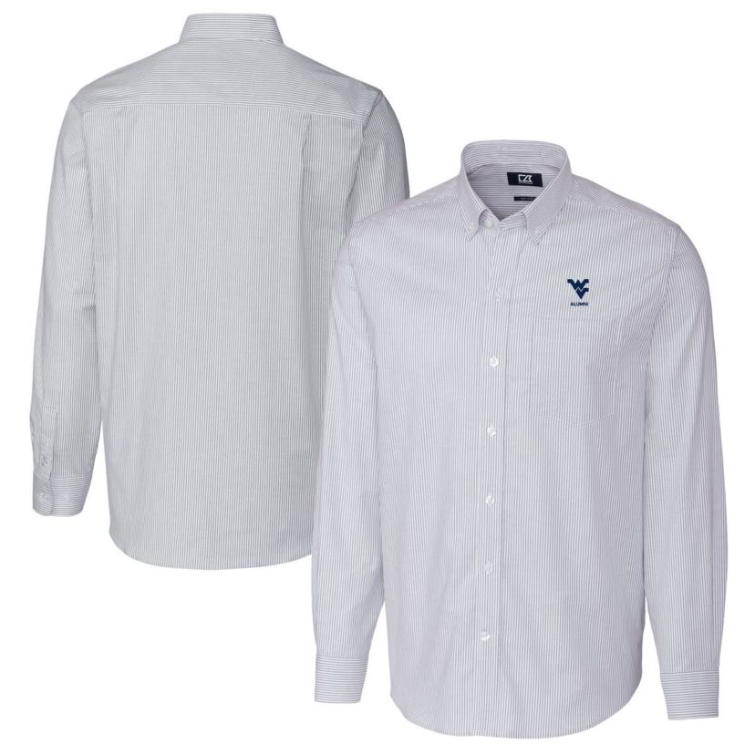 NCAA Light West Virginia Mountaineers Alumni Logo Stretch Oxford Stripe Long Sleeve Button-Down Shirt