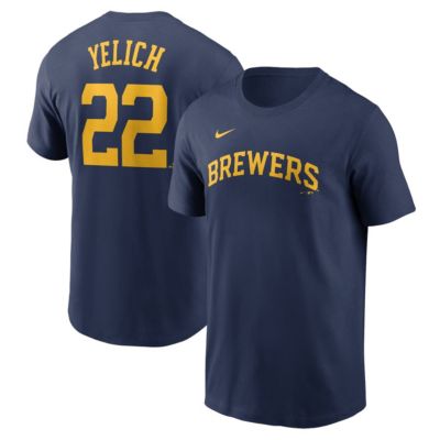 Men's MLB Nike Christian Yelich Milwaukee Brewers Fuse Name & Number T-Shirt, Navy Blue, 2XL