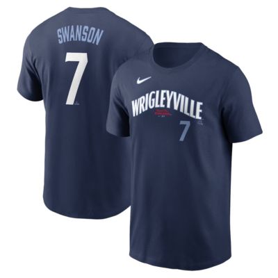 Men's MLB Nike Dansby Swanson Chicago Cubs City Connect Fuse Name & Number T-Shirt, Navy Blue, XL