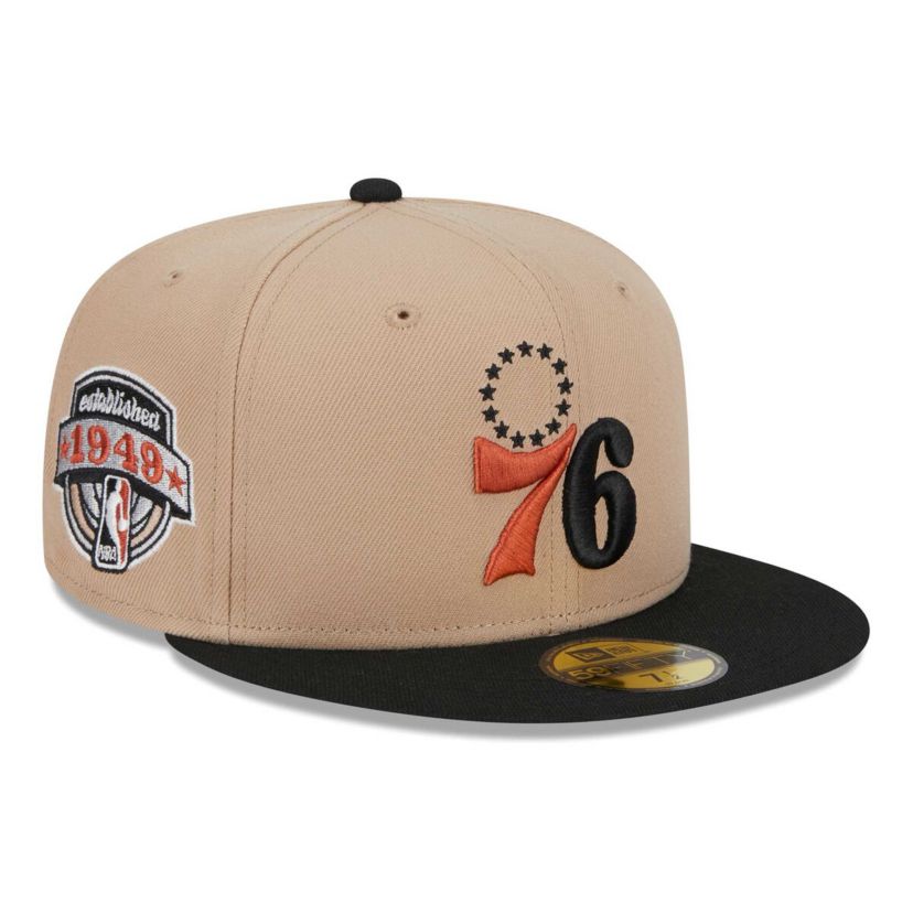 Philadelphia 76ers NBA Tan/Black Burnt Logo 2-Tone 59FIFTY Fitted Hat