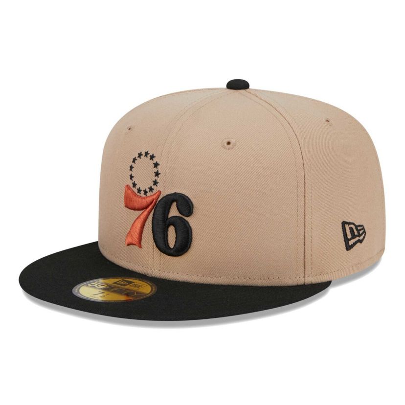 Philadelphia 76ers NBA Tan/Black Burnt Logo 2-Tone 59FIFTY Fitted Hat