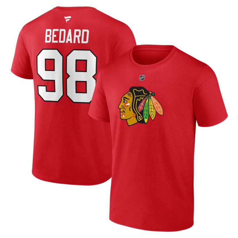 NHL Fanatics Connor Bedard Chicago Blackhawks 2023 NHL Draft Authentic Stack Player Name & Number T-Shirt
