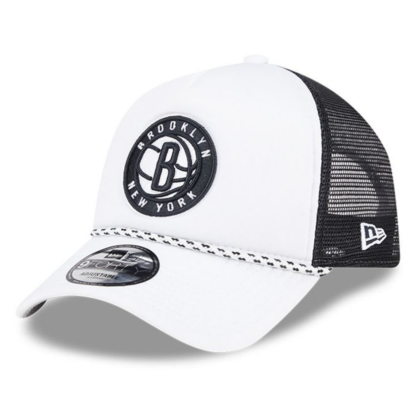 NBA White/Black Brooklyn Nets Court Sport Foam A-Frame 9FORTY Adjustable Trucker Hat