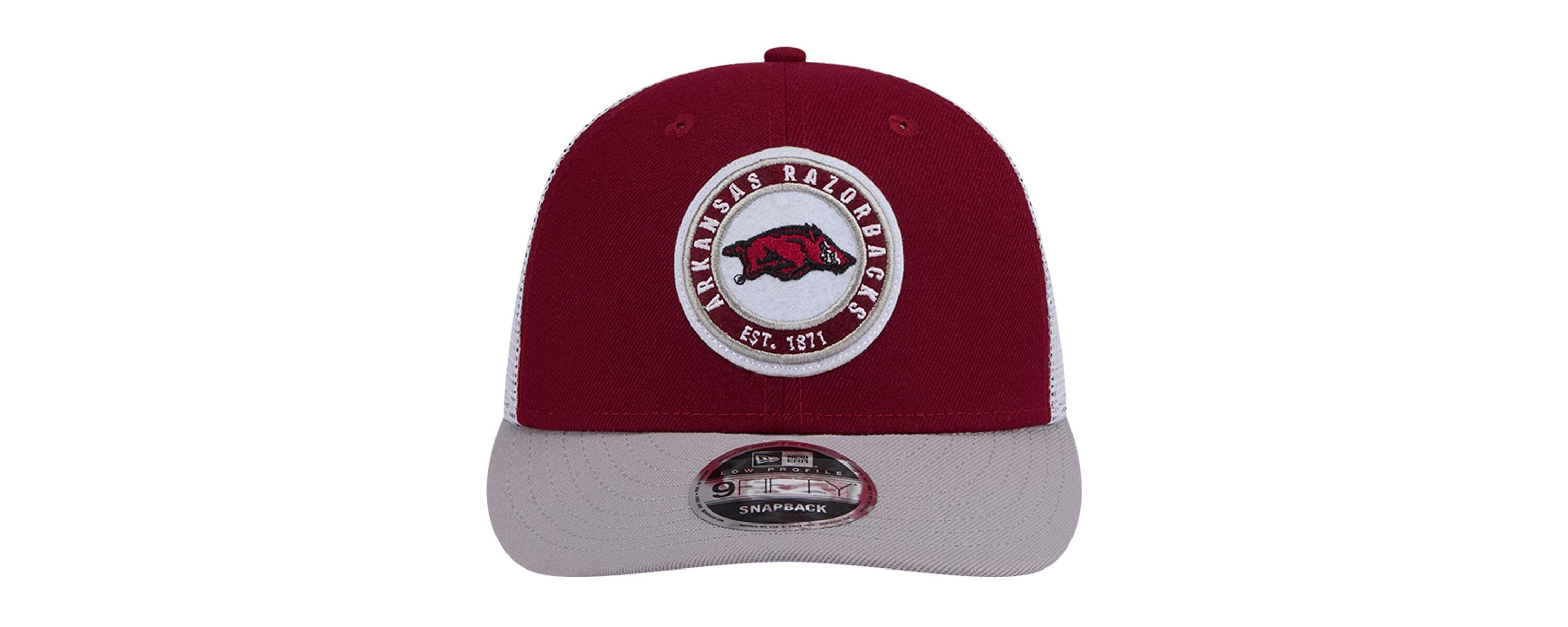 NCAA Arkansas Razorbacks Throwback Circle Patch 9FIFTY Trucker Snapback Hat