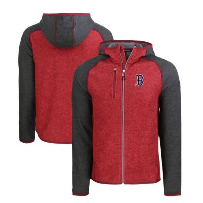 Cutter & Buck Men's Boston Red Sox MLB Heather Charcoal/Red Boston Sox Mainsail Full-Zip Hooded Jacket, Grey, XL