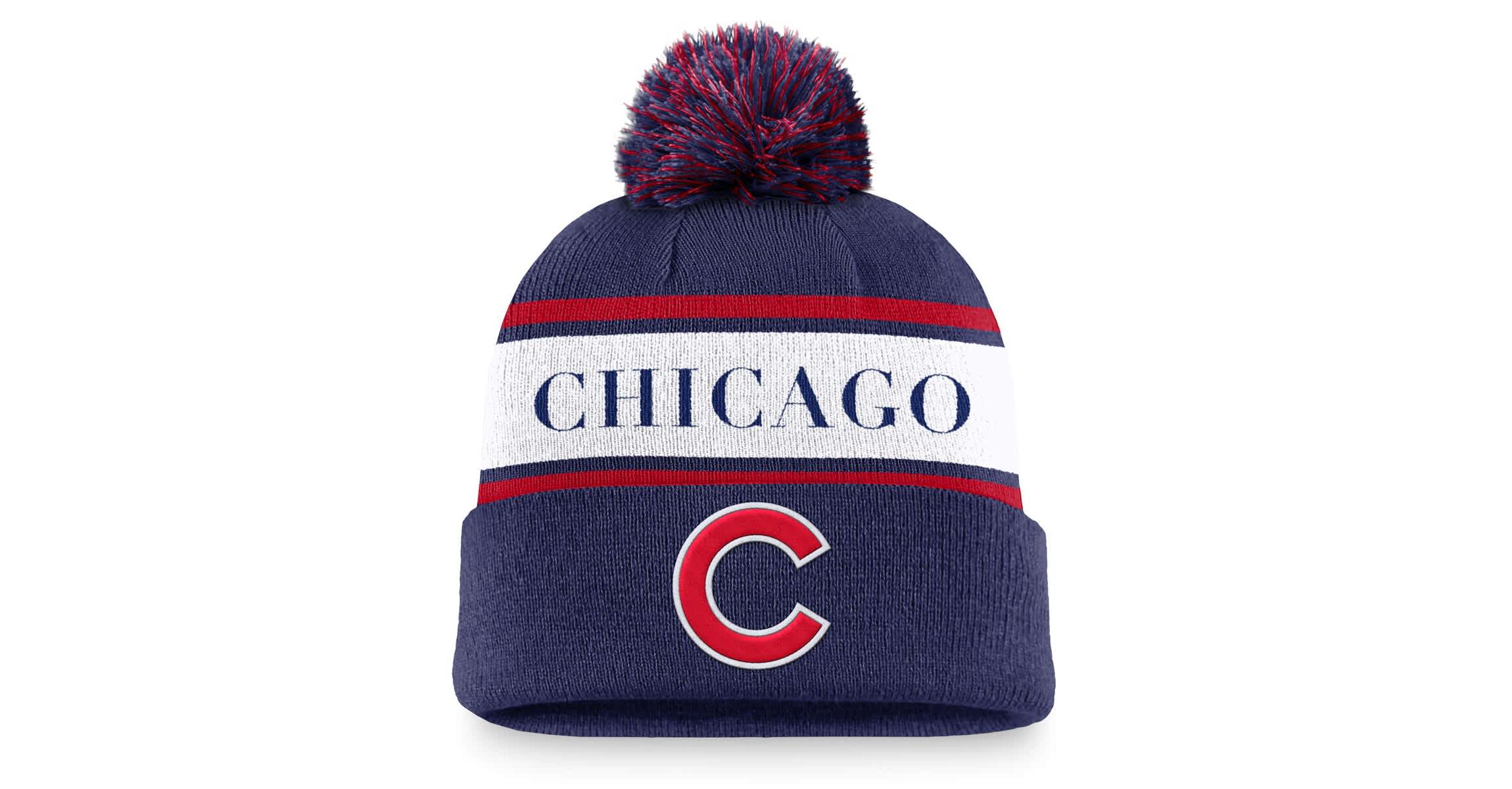 MLB Nike Chicago Cubs Team Stripe Peak Cuffed Knit Hat with Pom