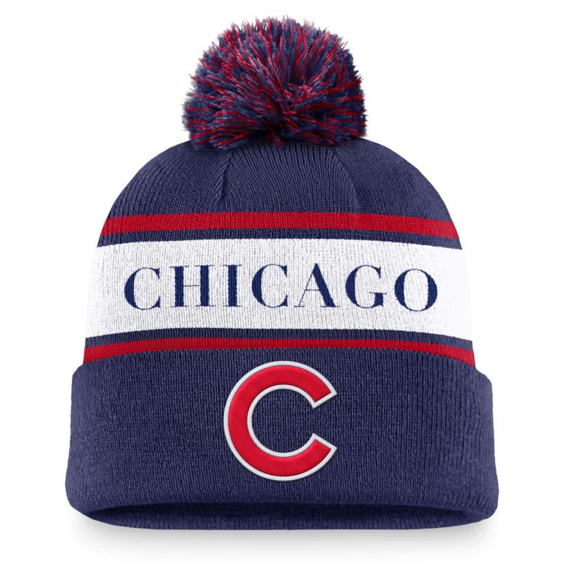 MLB Nike Chicago Cubs Team Stripe Peak Cuffed Knit Hat with Pom