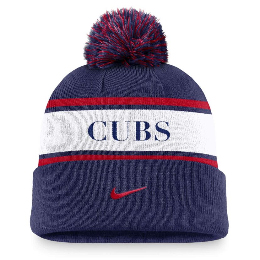 MLB Nike Chicago Cubs Team Stripe Peak Cuffed Knit Hat with Pom