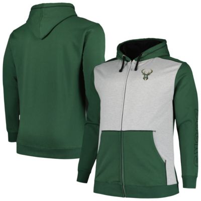 Men's NBA Fanatics Hunter Milwaukee Bucks Big & Tall Contrast Pieced Stitched Full-Zip Hoodie, Green, 2XL Big