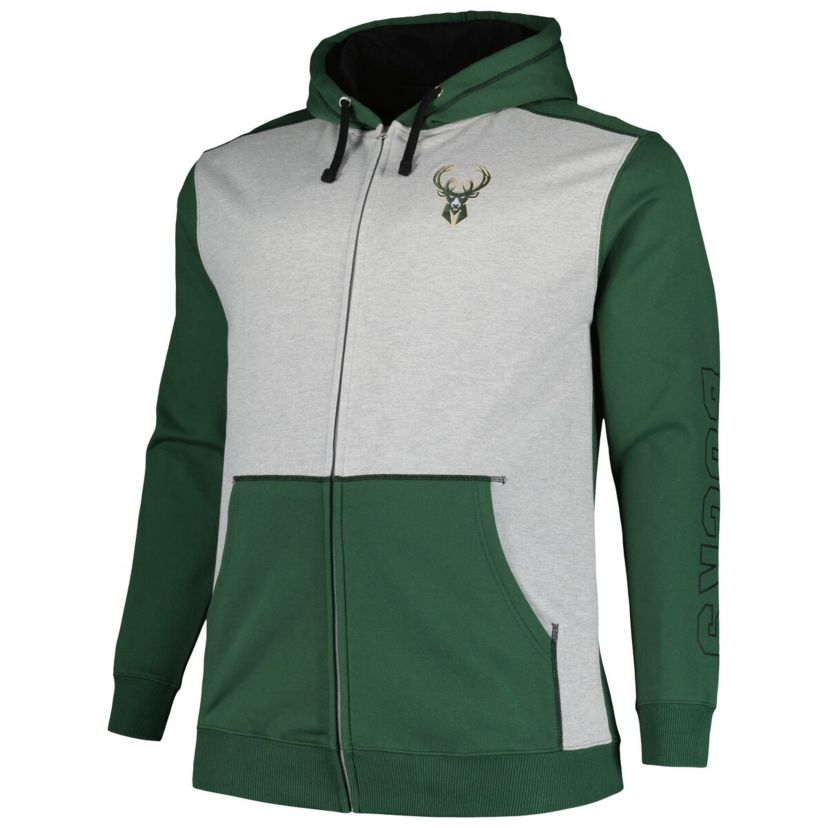 NBA Fanatics Hunter Milwaukee Bucks Big & Tall Contrast Pieced Stitched Full-Zip Hoodie