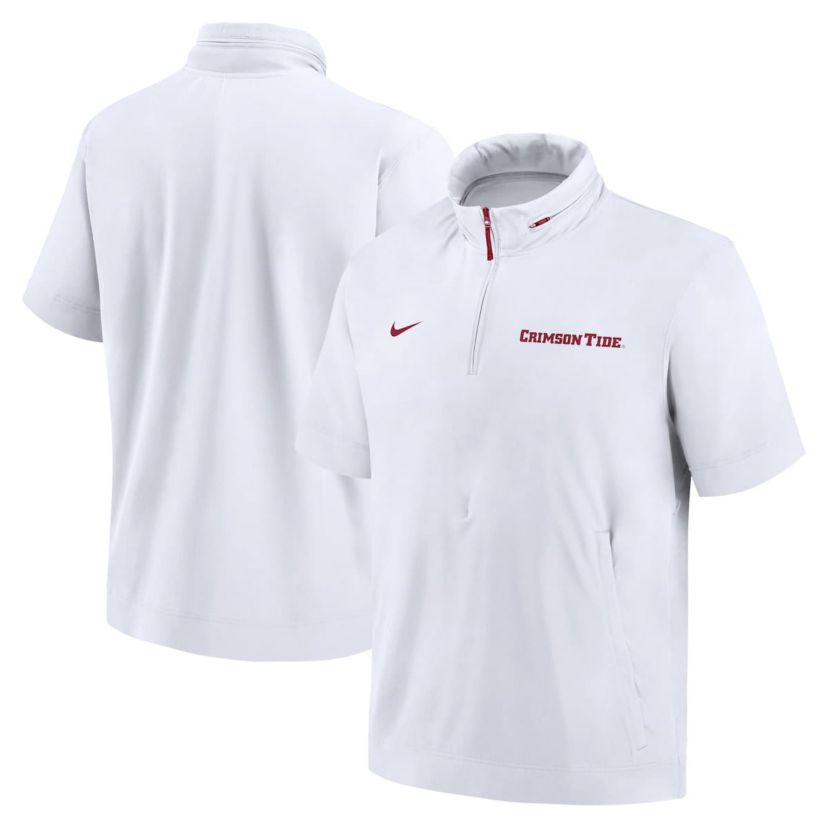 Alabama Crimson Tide NCAA Nike Alabama Tide 2024 Sideline Coach Short Sleeve Half-Zip Hoodie Jacket