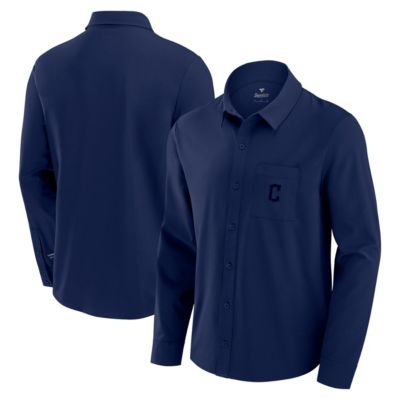 Men's MLB Fanatics Cleveland Guardians Front Office Long Sleeve Button-Up Shirt, Navy Blue, 3XL