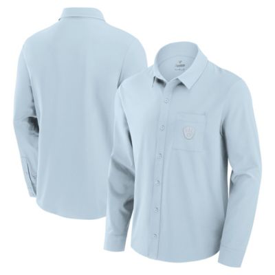 Men's MLB Fanatics Light Milwaukee Brewers Front Office Long Sleeve Button-Up Shirt, Light Blue, Large