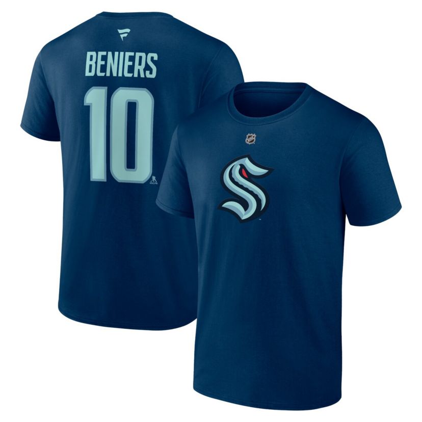 NHL Fanatics Matty Beniers Deep Sea Seattle Kraken Authentic Stack Name & Number T-Shirt