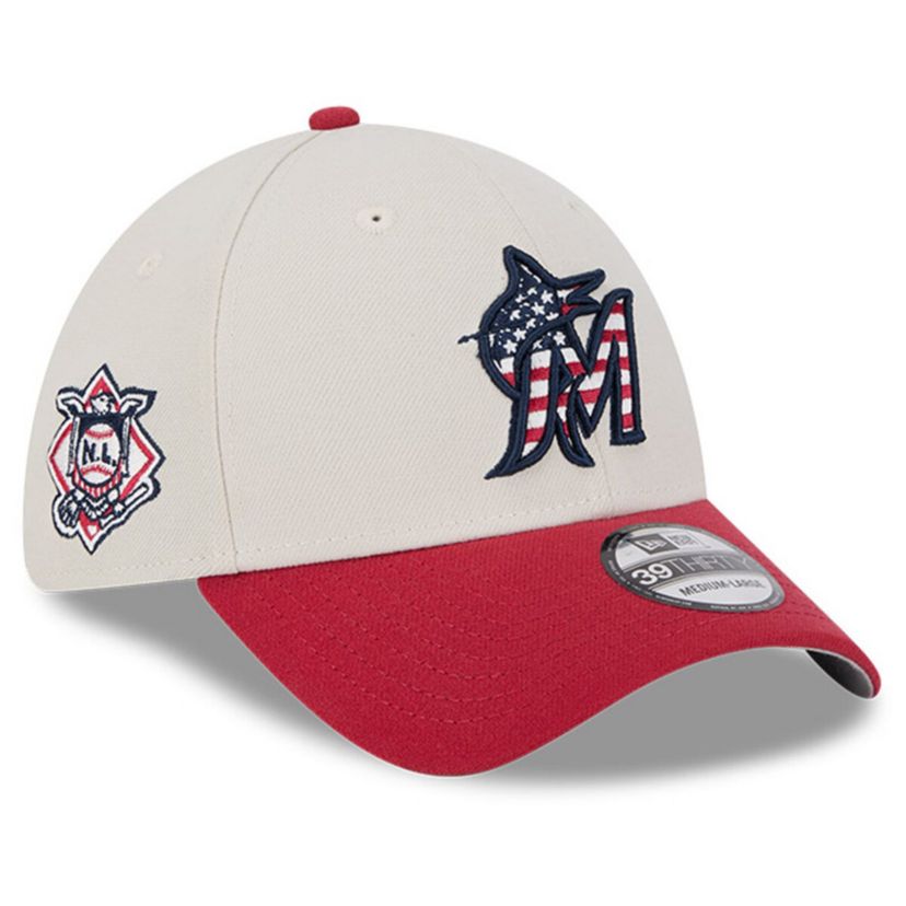 MLB Khaki/Red Miami Marlins 2024 Fourth of July 39THIRTY Flex Hat