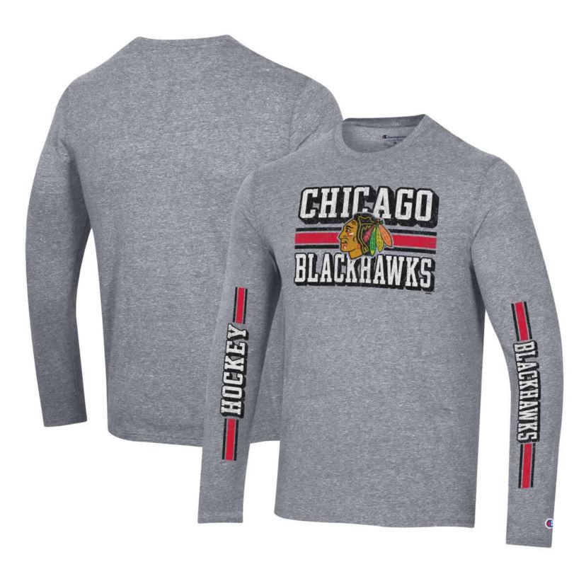 NHL Chicago Blackhawks Tri-Blend Dual-Stripe Long Sleeve T-Shirt