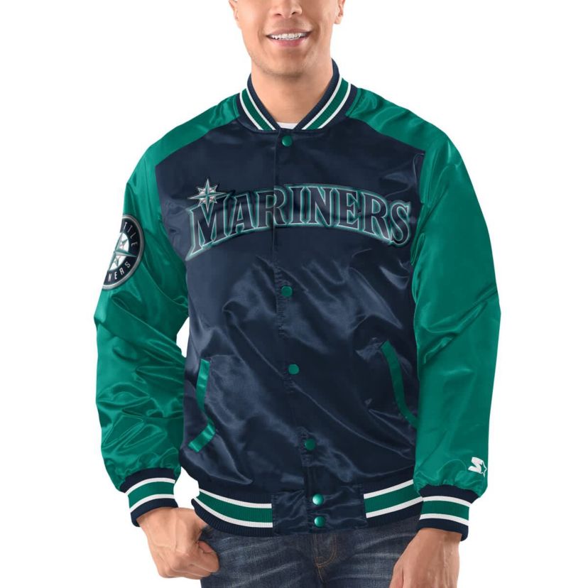 MLB Navy/Teal Seattle Mariners Varsity Satin Full-Snap Jacket