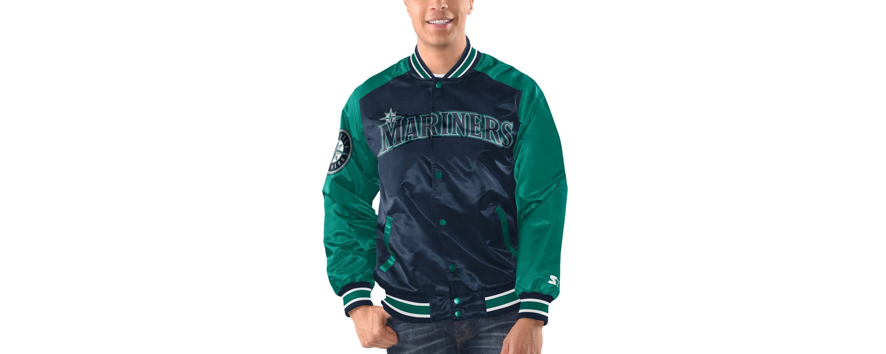 MLB Navy/Teal Seattle Mariners Varsity Satin Full-Snap Jacket